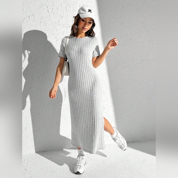 Summer Solid Split Thigh Ribbed Knit Tee Dress - Picture 1 of 4